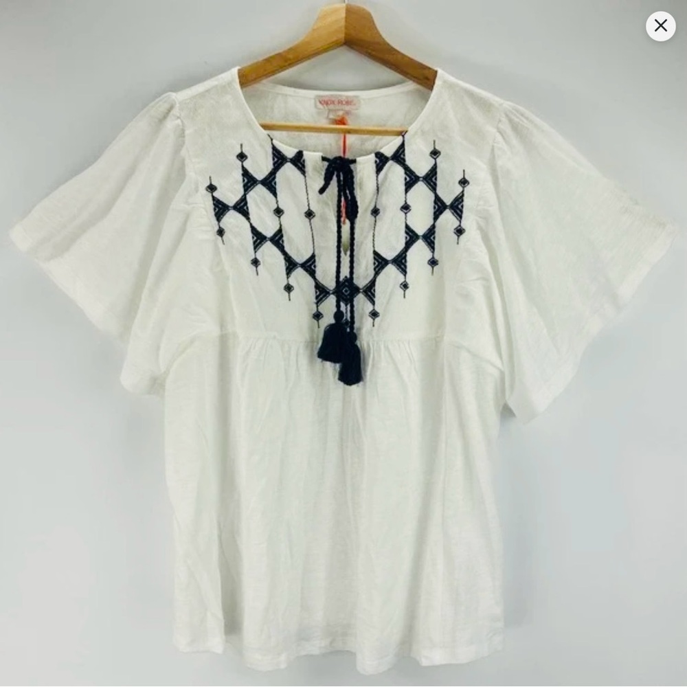 Knox Rose Flutter Short Sleeve Embroidered White/Navy Top Size: Medium